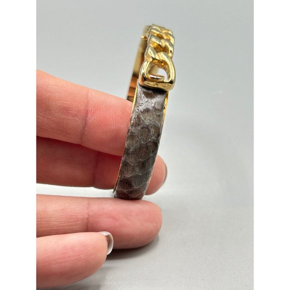 Vintage Gray Snakeskin Bracelet 1980s 1990s Gold Tone Chain Hinged Bracelet - Picture 4 of 7